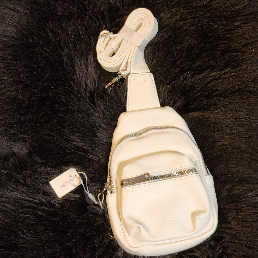 NWT White Small Sling Bag PU Leather Crossbody Fanny Pack Chest Bag - Picture 6 of 12
